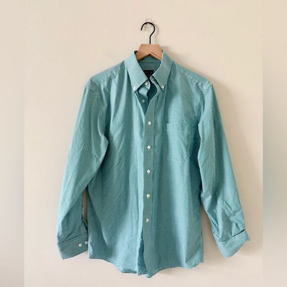 Jos. A. Bank Tailored Fit Cotton Button Down with Green & White Gingham - Size M - Picture 1 of 4
